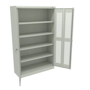 A tall, light gray metal storage cabinet with one open mesh door and one closed solid door. Inside, there are five adjustable shelves. The cabinet is designed for storing items and organizing spaces efficiently.