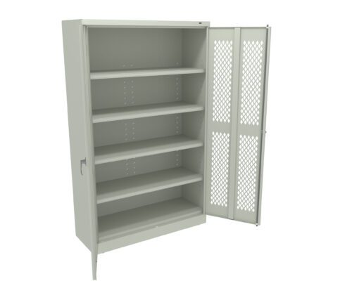 muqkuhaxvg1eoyfyt4vb.jpg A tall, light gray metal storage cabinet with one open mesh door and one closed solid door. Inside, there are five adjustable shelves. The cabinet is designed for storing items and organizing spaces efficiently.