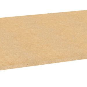 A rectangular sheet of particle board, beige in color, shown from an angle, highlighting its thickness and smooth surface. The board appears to be made of compressed wood particles.