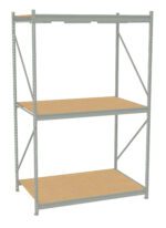 Metal shelving unit with three wooden shelves. The frame is light gray with vertical supports and cross-bracing for stability. It is designed for storage and organization, suitable for industrial or garage use. The shelves are evenly spaced.