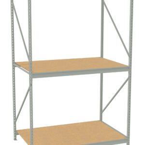 Metal shelving unit with three wooden shelves. The frame is light gray with vertical supports and cross-bracing for stability. It is designed for storage and organization, suitable for industrial or garage use. The shelves are evenly spaced.