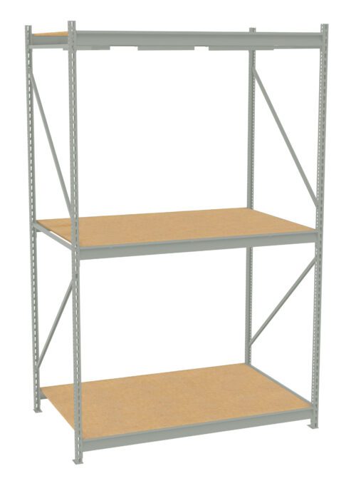 Metal shelving unit with three wooden shelves. The frame is light gray with vertical supports and cross-bracing for stability. It is designed for storage and organization, suitable for industrial or garage use. The shelves are evenly spaced.