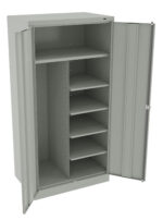 Open metal storage cabinet with two doors. Inside, one side has two large shelves and the other side has six smaller adjustable shelves. The cabinet is a neutral gray color.