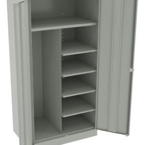 Open metal storage cabinet with two doors. Inside, one side has two large shelves and the other side has six smaller adjustable shelves. The cabinet is a neutral gray color.