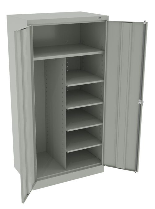 Open metal storage cabinet with two doors. Inside, one side has two large shelves and the other side has six smaller adjustable shelves. The cabinet is a neutral gray color.