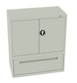 A light gray metal storage cabinet with two doors on top and a large drawer at the bottom. The cabinet is equipped with a round lock handle on the doors and a small keyhole on the drawer.