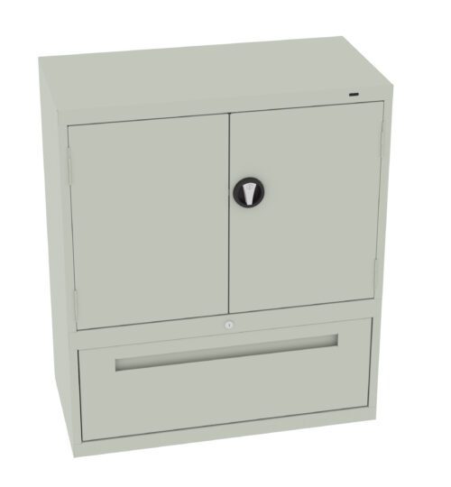 A light gray metal storage cabinet with two doors on top and a large drawer at the bottom. The cabinet is equipped with a round lock handle on the doors and a small keyhole on the drawer.