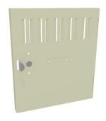 A beige metal door panel with vertical rectangular slots at the top, a round doorknob hole, and a small rectangular cutout in the middle.