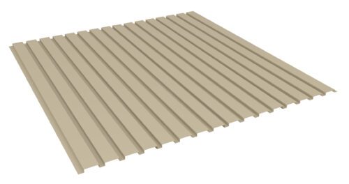 mvkiyilqrudq0ghmytww.jpg Image of a beige, rectangular corrugated metal sheet placed horizontally. The sheet has evenly spaced ridges running parallel across its surface. The perspective shows a three-dimensional view of the sheet.