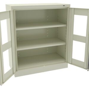 A beige metal cabinet with two open glass doors and three empty shelves. The cabinet is standing upright, and the interior is visible.