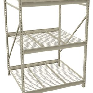A metal shelving unit with three levels, featuring a sturdy frame and wire mesh shelves. Each shelf is supported by cross braces for additional stability, suitable for storage or organizing items in a garage, warehouse, or similar space.