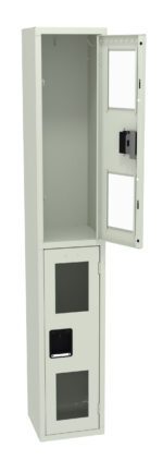 A tall, light grey metal cabinet with two sections, each with a glass-insert door. The upper sections door is open, revealing an empty interior. The lower sections door is closed.