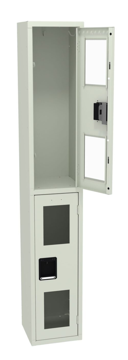 A tall, light grey metal cabinet with two sections, each with a glass-insert door. The upper sections door is open, revealing an empty interior. The lower sections door is closed.