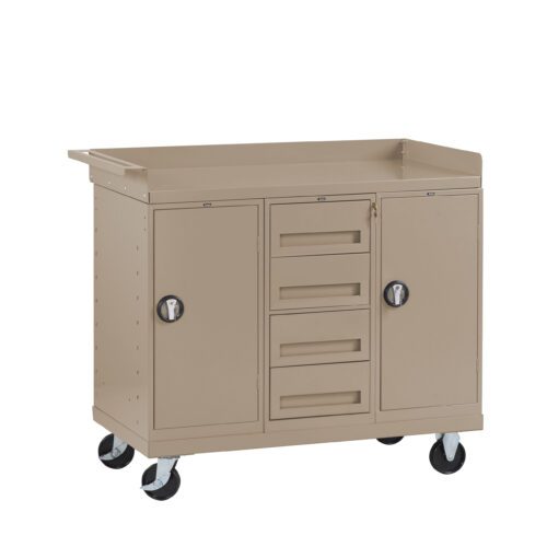 mvva6u8rocor4dp1yrxs.jpg A tan metal utility cart with four wheels. It has two side cabinets with handles, each with a vertical door, and a central section with three horizontal drawers. The top has a raised edge.
