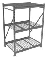 Industrial metal storage rack with three shelves and a sturdy frame. The shelves consist of metal grating for durability. The design is utilitarian, suitable for organizing and storing heavy items.