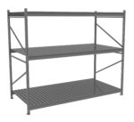 A gray metal shelving unit with three tiers is shown. The shelves are sturdy, slatted, and evenly spaced, supported by vertical beams with bracing on the sides for stability, suitable for heavy-duty storage.