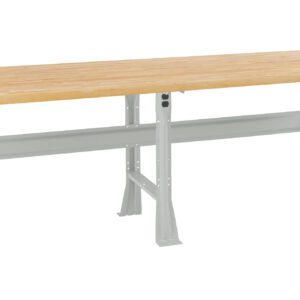 A long workbench with a light wood tabletop and sturdy gray metal legs. The design is simple and functional, suitable for workshops or garages.
