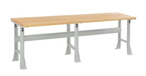 A long workbench with a light wood tabletop and sturdy gray metal legs. The design is simple and functional, suitable for workshops or garages.