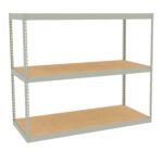 A metal shelving unit with two wooden shelves and a wooden top base. The frame is a light gray metal with evenly spaced holes along the sides. The unit is empty, on a white background.