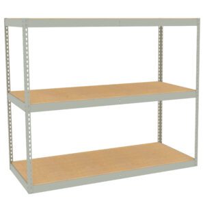 A metal shelving unit with two wooden shelves and a wooden top base. The frame is a light gray metal with evenly spaced holes along the sides. The unit is empty, on a white background.