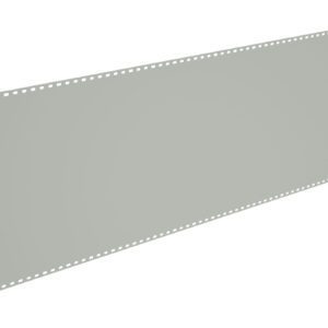 A long, rectangular piece of gray punched tape with evenly spaced holes along the top and bottom edges, extending diagonally across the image on a white background.