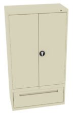 A beige metal storage cabinet with two doors and a round knob in the center. Below the doors, there is a wide, horizontal drawer with a lock. The cabinet has a simple, functional design.