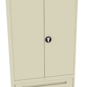 A beige metal storage cabinet with two doors and a round knob in the center. Below the doors, there is a wide, horizontal drawer with a lock. The cabinet has a simple, functional design.