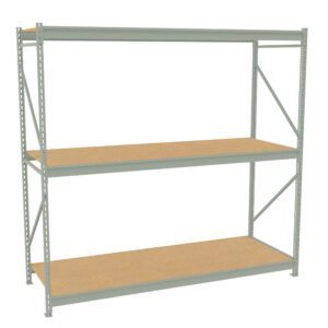 Metal shelving unit with three wooden shelves, designed for storage. The frame is light gray with vertical support bars and diagonal reinforcement on the sides. The shelves are evenly spaced and appear sturdy.