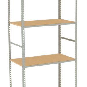 A metal shelving unit with four wooden shelves. The frame is made of light gray metal, providing support and stability. The unit is empty, positioned at a slight angle, showing its spacious, utilitarian design.