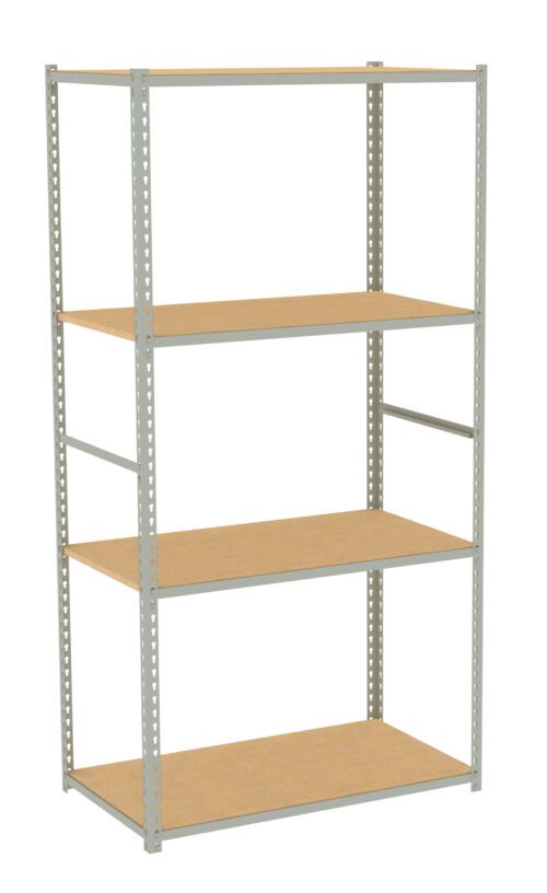 A metal shelving unit with four wooden shelves. The frame is made of light gray metal, providing support and stability. The unit is empty, positioned at a slight angle, showing its spacious, utilitarian design.