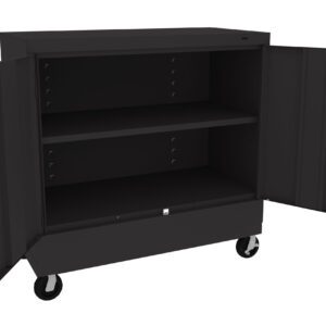 A black, two-shelf metal cabinet on wheels with both doors open, showing an empty interior. The cabinet is designed for storage and organization, featuring adjustable shelves inside.