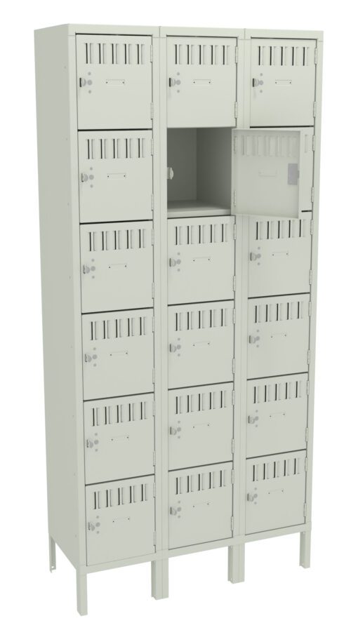 mx32rjt74vazxkt5bqej.jpg A beige metal locker unit with three columns and five rows of compartments. One compartment is open, showing the interior. The lockers have ventilation slits, locks, and sturdy legs for support.