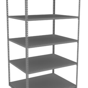 A tall, gray metal shelving unit with five empty shelves, shown against a plain white background. The unit features adjustable shelf heights and open sides, suitable for storage or organization purposes.