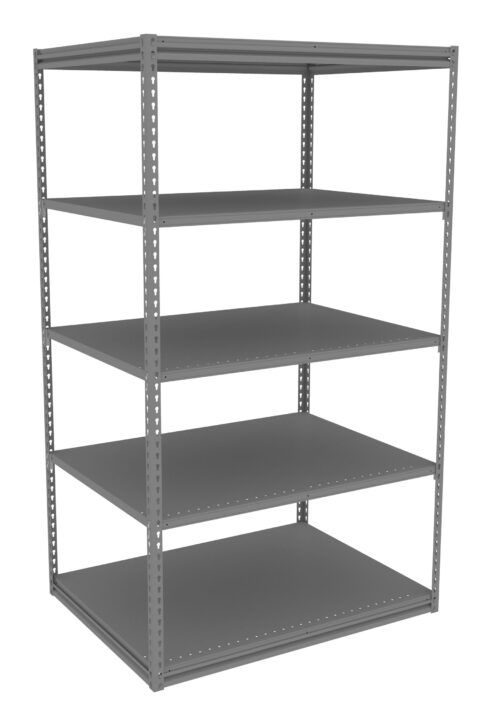 A tall, gray metal shelving unit with five empty shelves, shown against a plain white background. The unit features adjustable shelf heights and open sides, suitable for storage or organization purposes.