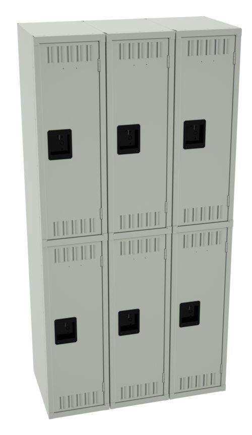 mxfyjtt2wce4a9ncnaix.jpg A beige metal locker unit with six compartments arranged in two columns and three rows. Each locker door has a black rectangular handle and small ventilation slots near the top and bottom.