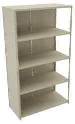 A beige metal shelving unit with five adjustable shelves is shown. It has a simple, industrial design with perforated side panels for shelf height adjustment.