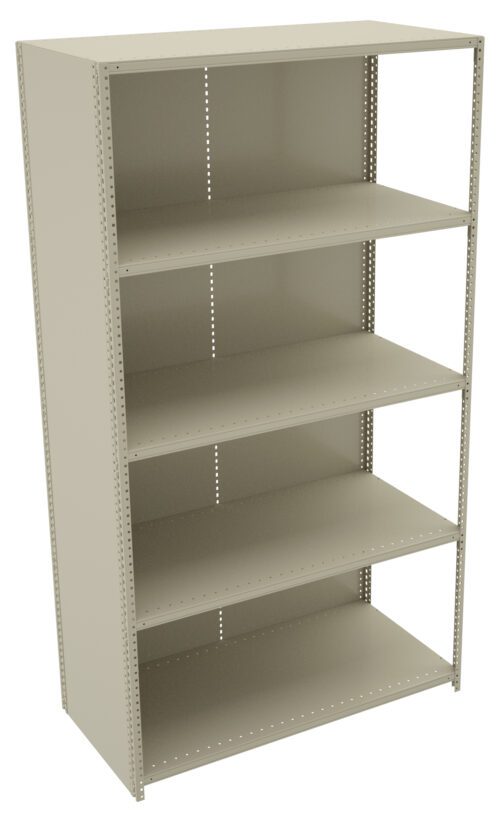 A beige metal shelving unit with five adjustable shelves is shown. It has a simple, industrial design with perforated side panels for shelf height adjustment.