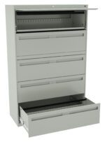 A light gray metal filing cabinet with four large drawers, three closed and one open at the bottom. The top section is also open, revealing an empty compartment. The cabinet is set against a plain white background.