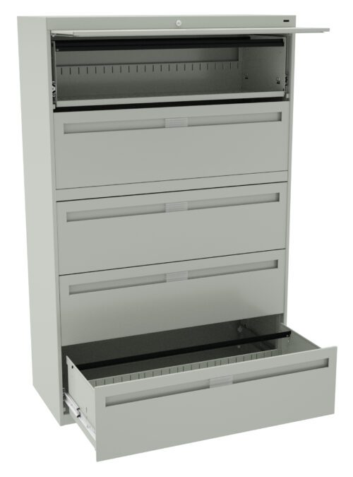 A light gray metal filing cabinet with four large drawers, three closed and one open at the bottom. The top section is also open, revealing an empty compartment. The cabinet is set against a plain white background.