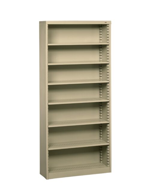 A tall, light green metal bookshelf with six adjustable shelves. The frame is simple and has a smooth finish, suitable for organizing books, files, or office supplies. The shelves are evenly spaced and the unit stands upright against a plain background.