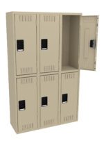 A beige metal locker unit with six compartments arranged in two rows of three. The top right door is open, showing the empty interior. Each door features a black handle and ventilation slots.