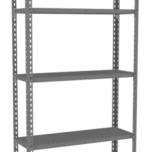 A gray metal shelving unit with five adjustable shelves. The shelf is empty and has a simple, industrial design, suitable for storage in a garage or warehouse.