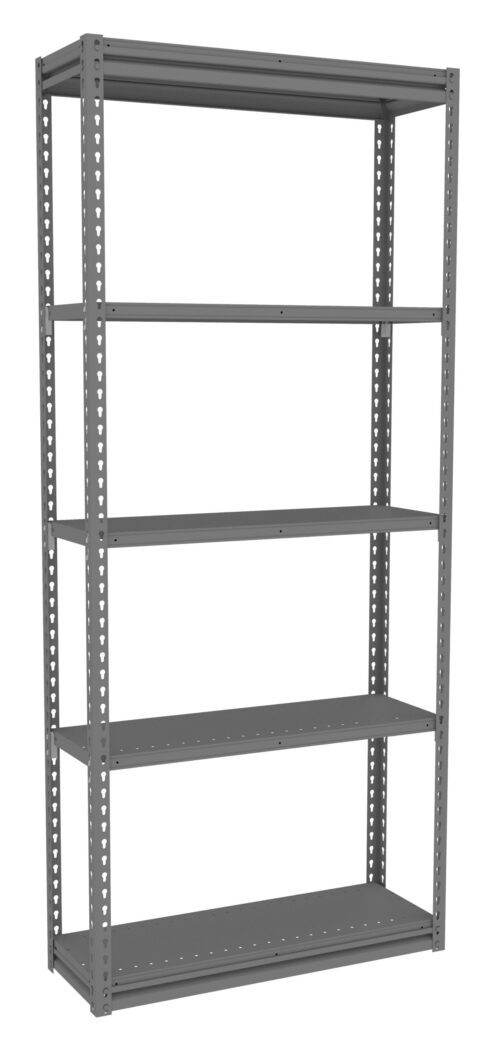 A gray metal shelving unit with five adjustable shelves. The shelf is empty and has a simple, industrial design, suitable for storage in a garage or warehouse.