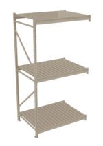 A beige metal shelving unit with three adjustable slatted shelves, featuring a sturdy frame supported by vertical bars and diagonal braces for stability.