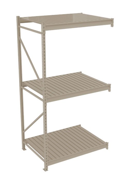 A beige metal shelving unit with three adjustable slatted shelves, featuring a sturdy frame supported by vertical bars and diagonal braces for stability.