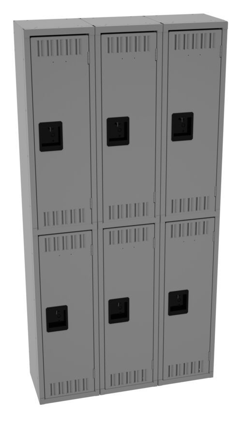 my3wxylmq4ayufnqttk3.jpg A metal locker unit with six compartments, arranged in two vertical columns and three horizontal rows. Each compartment has a black handle and ventilation slits near the top and bottom. The lockers are gray in color.