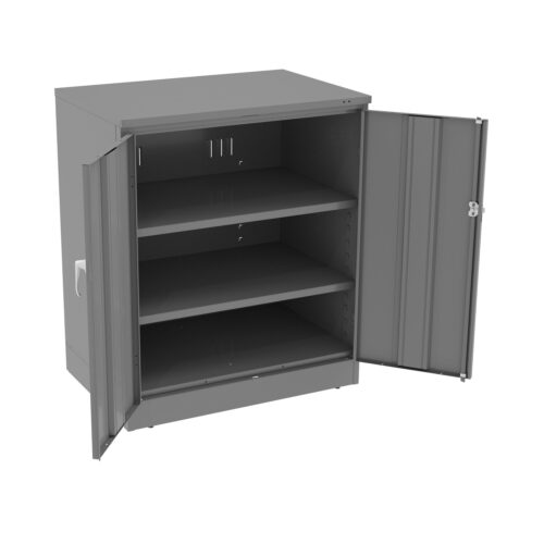 myklajfjkm1bw5uwtvrz.jpg A gray metal storage cabinet with two open doors is shown. It has two adjustable shelves and a handle on the left door. The design is simple and functional, suitable for organizing items.