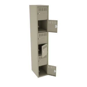 Tall, beige metal locker with four compartments, three of which have open doors. The design features ventilation slots on each door, and the interior is empty with a simple, clean structure.