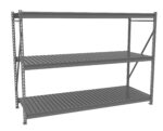 A large, industrial metal shelving unit with three slatted shelves. The structure is gray and features a sturdy, open-frame design suitable for heavy-duty storage in warehouses or garages.