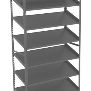 Gray metal shelving unit with six adjustable shelves, designed for storage and organization. The unit has a simple, industrial design suitable for garages, warehouses, or other utility spaces.